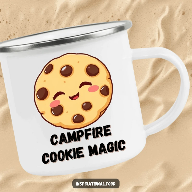 Funny camping mug with a delighted chocolate chip cookie winking playfully, perfect for outdoor fun and smiles.