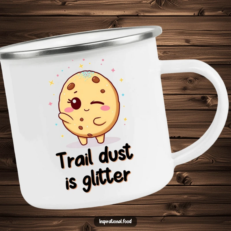 Funny camping mug: A winking cookie character showers a friend with edible glitter, perfect for enjoying drinks outdoors with a laugh.