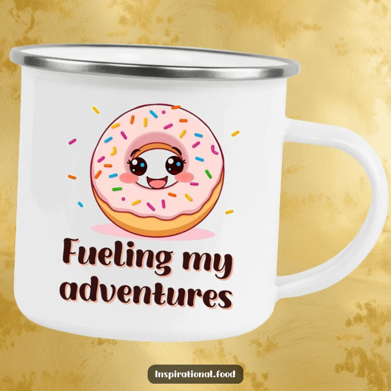 Funny donut camping mug featuring a grinning character scattering vibrant sprinkles, perfect for enjoying drinks during outdoor adventures.