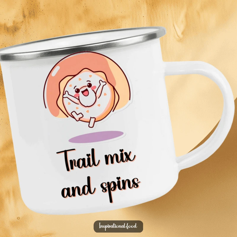 Funny camping mug showcasing a happy doughnut character doing a cartwheel, bringing energy and humor to outdoor adventures.