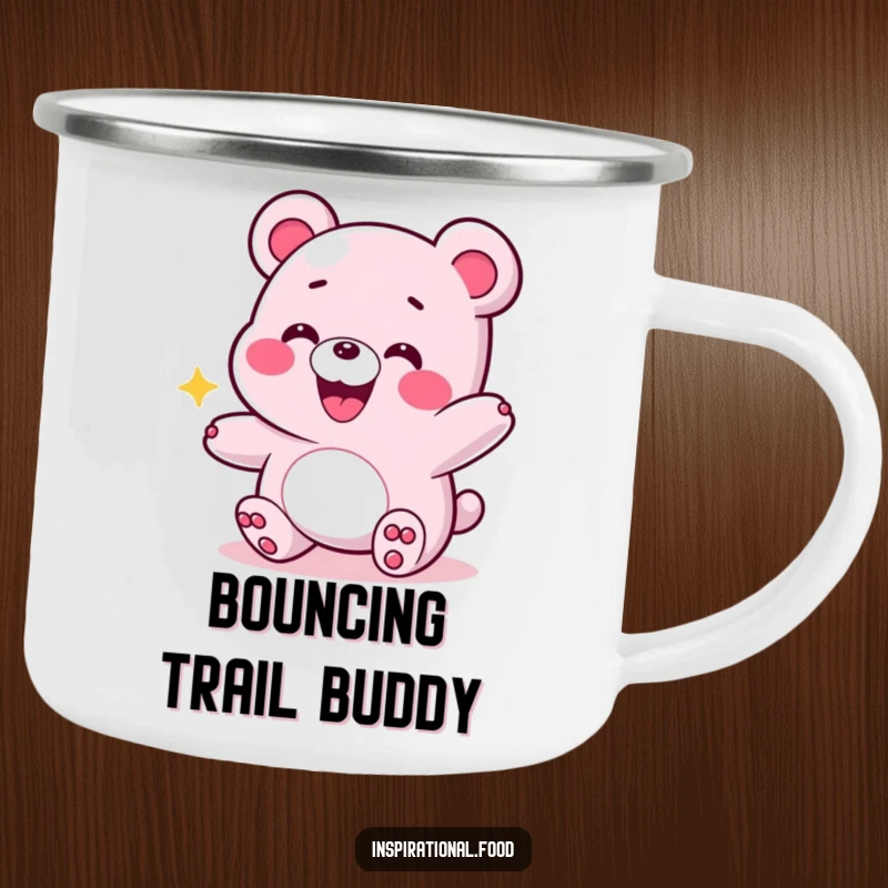 Funny camping mug showing a grinning gummy bear in an energetic bounce, perfect for outdoor enthusiasts who appreciate fun designs.