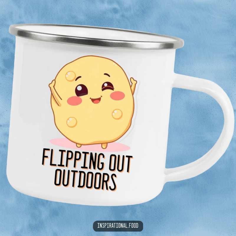 Funny camping mug featuring a smiling pancake character playfully flipping, ideal for enjoying breakfast drinks during outdoor adventures.