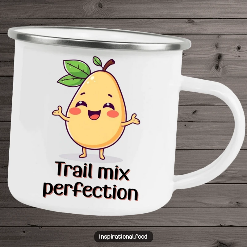 Funny camping mug featuring a giggling fruit character presenting a vibrant, imaginative food concept, perfect for outdoor enjoyment.