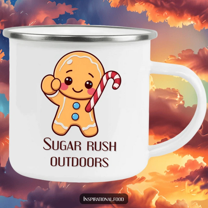 Funny gingerbread cookie character camping mug, waving a candy cane, ready for outdoor adventures and warm drinks.