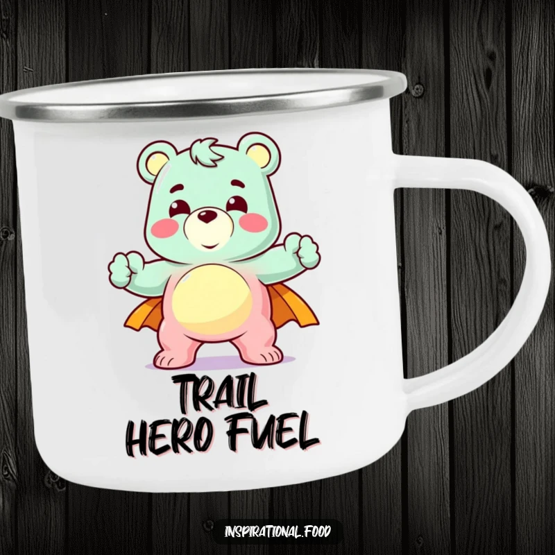 Funny camping mug with a delighted gummy bear character striking a heroic pose, bringing humorous candy-themed bravery outdoors.