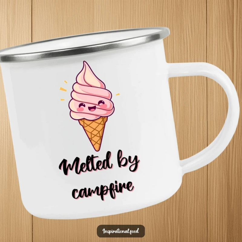 Funny camping mug with a jubilant ice cream cone swirling with excitement, perfect for outdoor adventures and smiles.