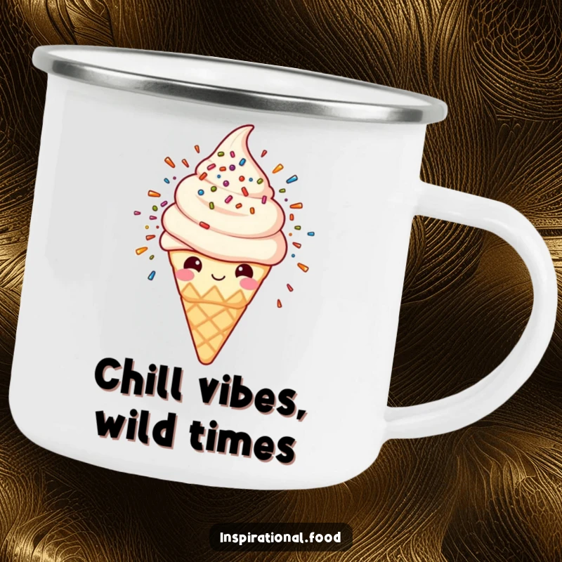 Funny camping mug with an ice cream cone and sprinkle explosion design, perfect for enjoying drinks during outdoor activities.