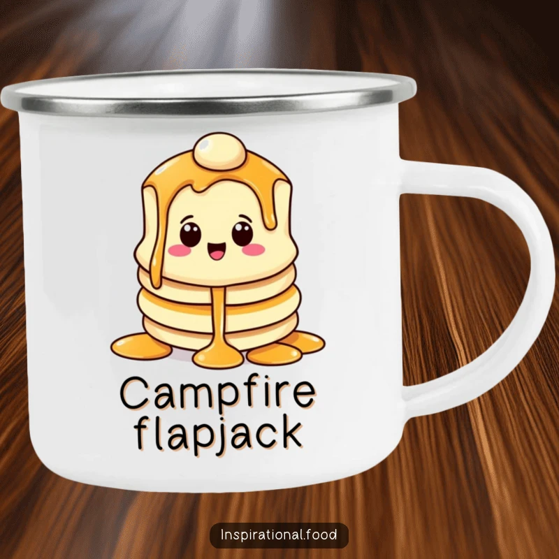 Funny camping mug with a beaming pancake character and syrup cascade, designed for outdoor enjoyment.