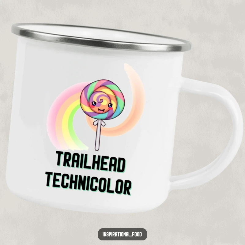 Funny Camping Mug featuring a happy lollipop character creating a swirling rainbow, perfect for enjoying drinks during outdoor adventures.