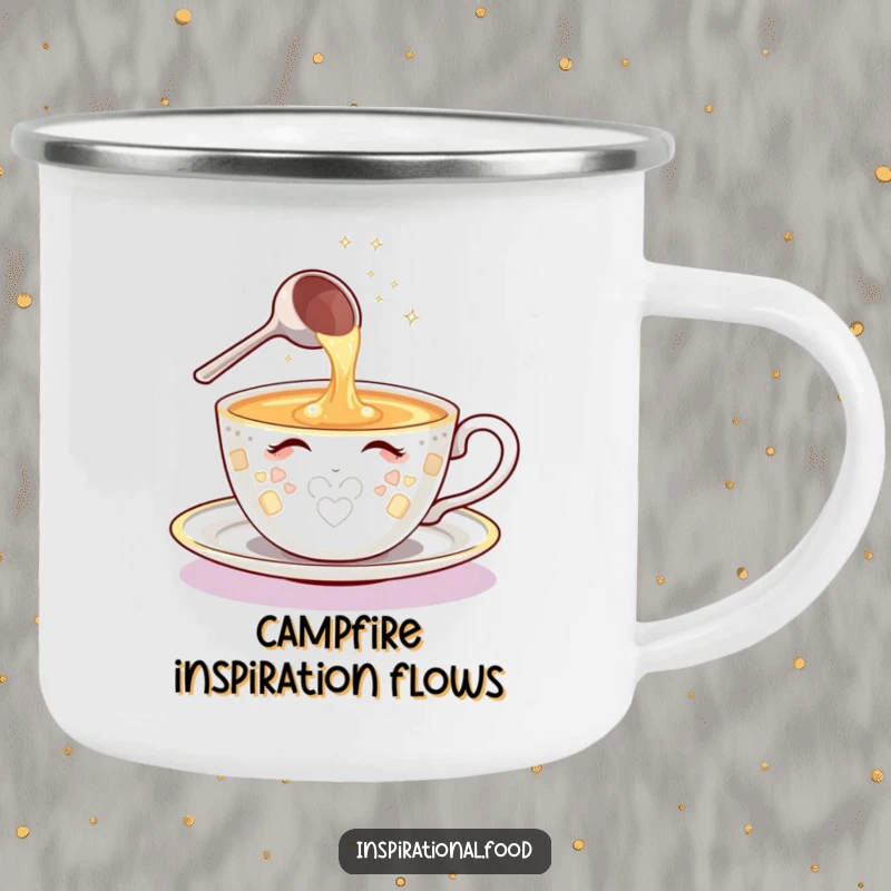 Funny camping mug featuring a shining teacup character and sparkling ladle pouring a cascade of ideas, for humorous outdoor sipping.