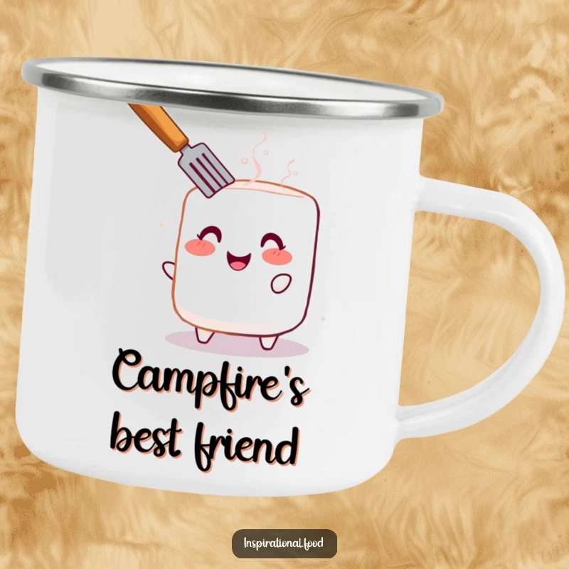 Funny camping mug featuring a cheerful, blushing marshmallow being toasted, ideal for cozy outdoor sips.
