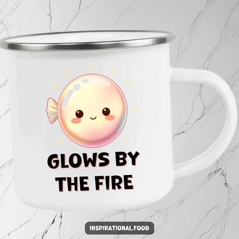 Funny camping mug featuring a beaming, shimmering hard candy, ideal for enjoying beverages outdoors.