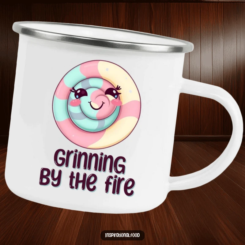Funny candy swirl camping mug with a delighted, playful grin, ideal for outdoor drinks with sweet candy humor.