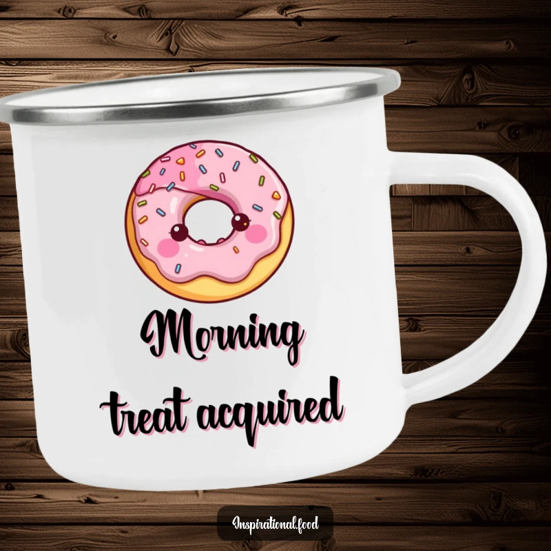 Happy donut character with a halo of shiny sprinkles on a sturdy enamel camping mug.