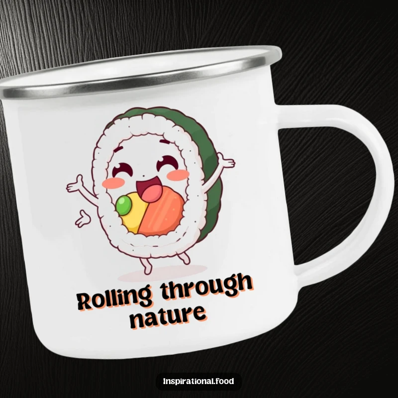 Funny sushi camping mug, a happy sushi roll character in a cheerful loop, perfect for outdoor lovers who enjoy Japanese food and humorous designs.