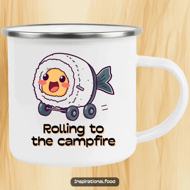 Funny camping mug with an excited sushi roll character with dot eyes, zooming on tiny wheels.