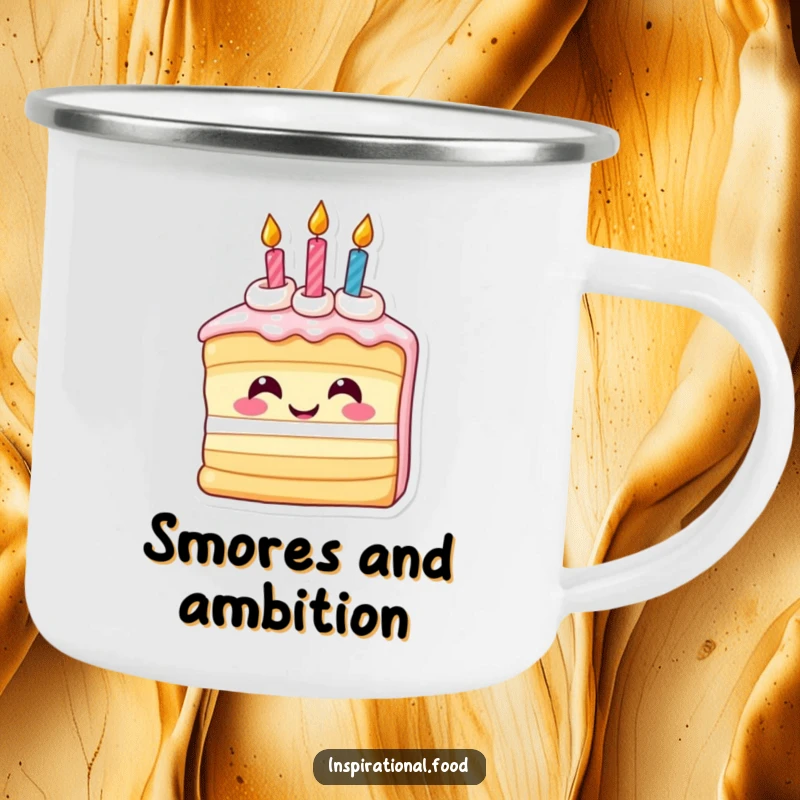 Funny camping mug with an inspired smiling slice of birthday cake and candles, bringing humorous celebration joy to outdoor settings.