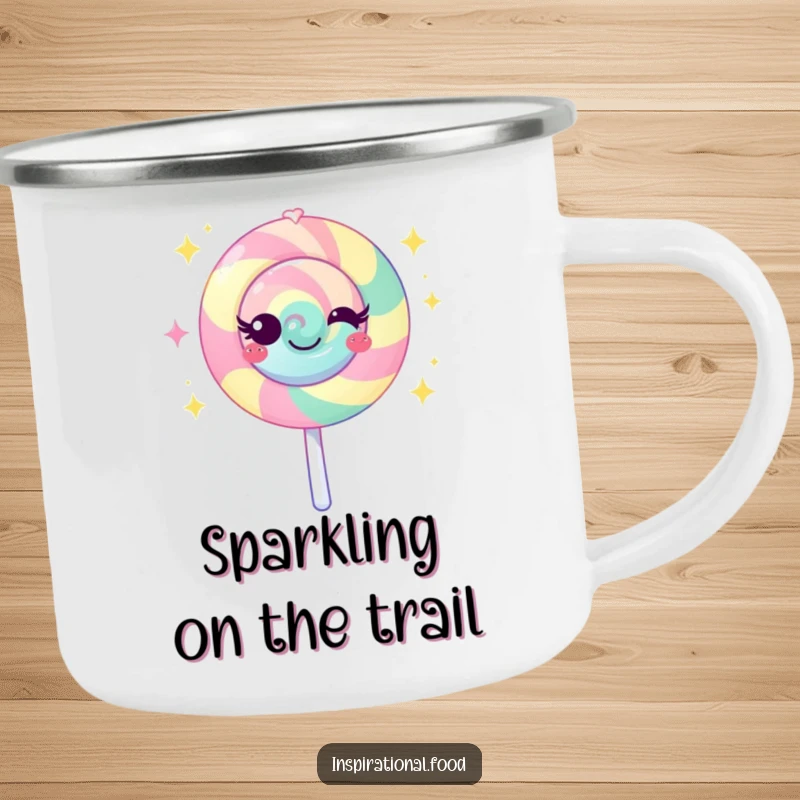 Funny lollipop camping mug featuring a vibrant character emanating sweet sparkles, perfect for enjoying beverages during outdoor excursions.