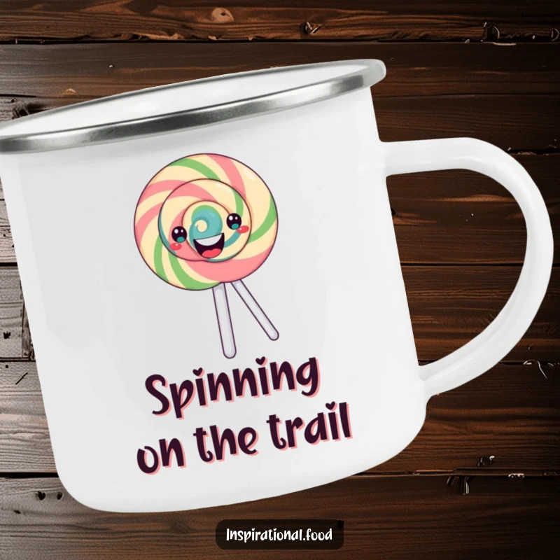 Funny swirling lollipop camping mug with a happy, merrily spinning pattern, ideal for outdoor drinks with a side of candy humor.