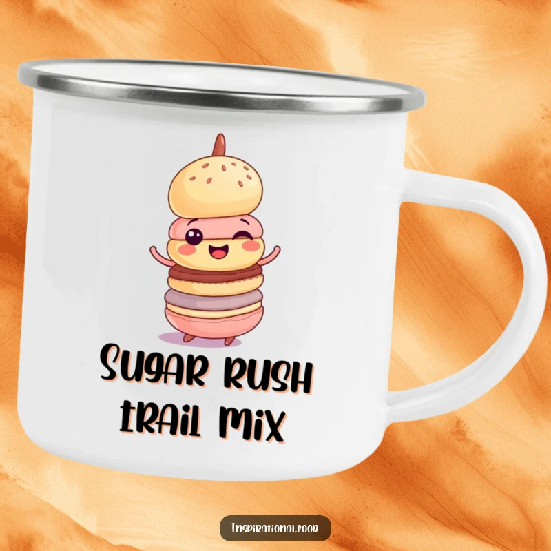 Funny camping mug depicting a cheerful macaron tower in a delighted spin, bringing humorous dessert joy to outdoor settings.
