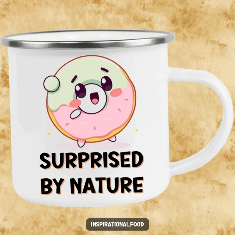 Funny camping mug with a cheerful donut character with a surprised expression, bouncing a ball.