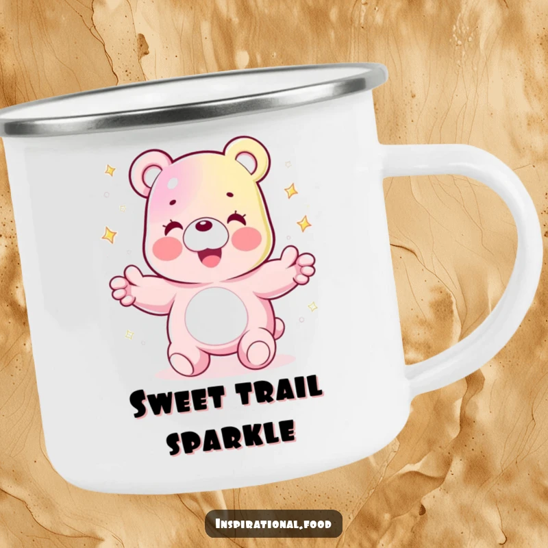 Funny camping mug showing a joyful gummy bear character juggling sparkling sugar crystals, perfect for outdoor enjoyment.