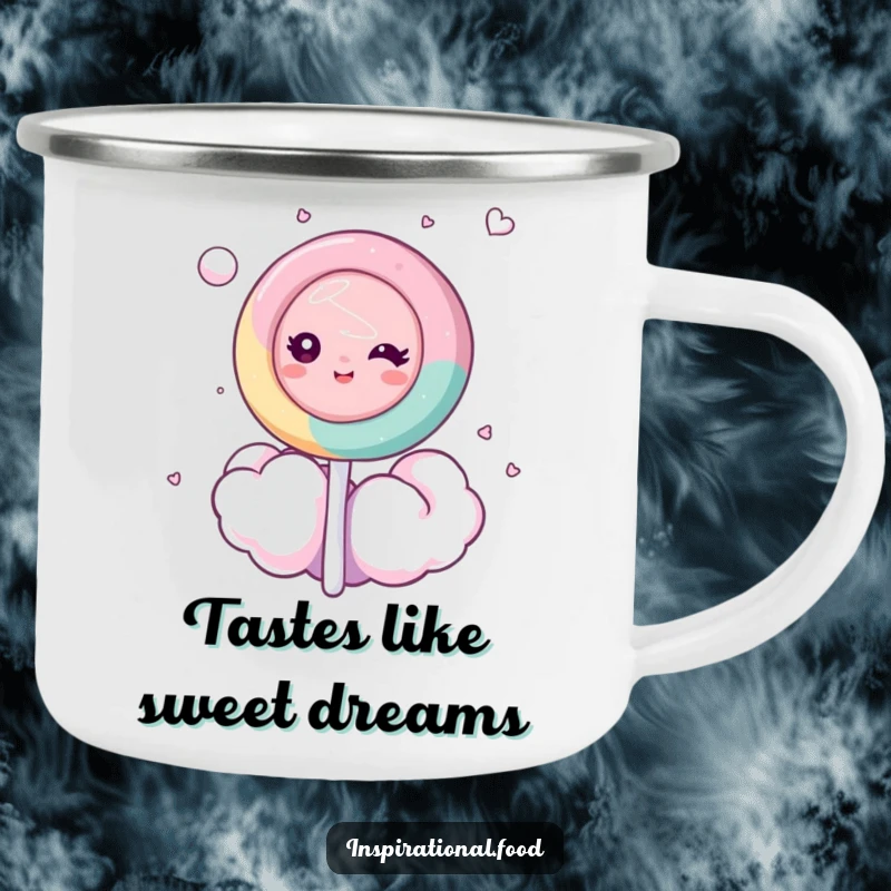 Funny camping mug featuring a dreamy lollipop character floating on a cotton candy cloud, ideal for enjoying sweet beverages outdoors.