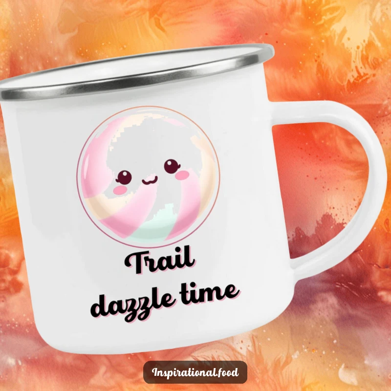 Funny Camping Mug: A beaming hard candy with a shimmering surface, perfect for sparkling sips during outdoor adventures.