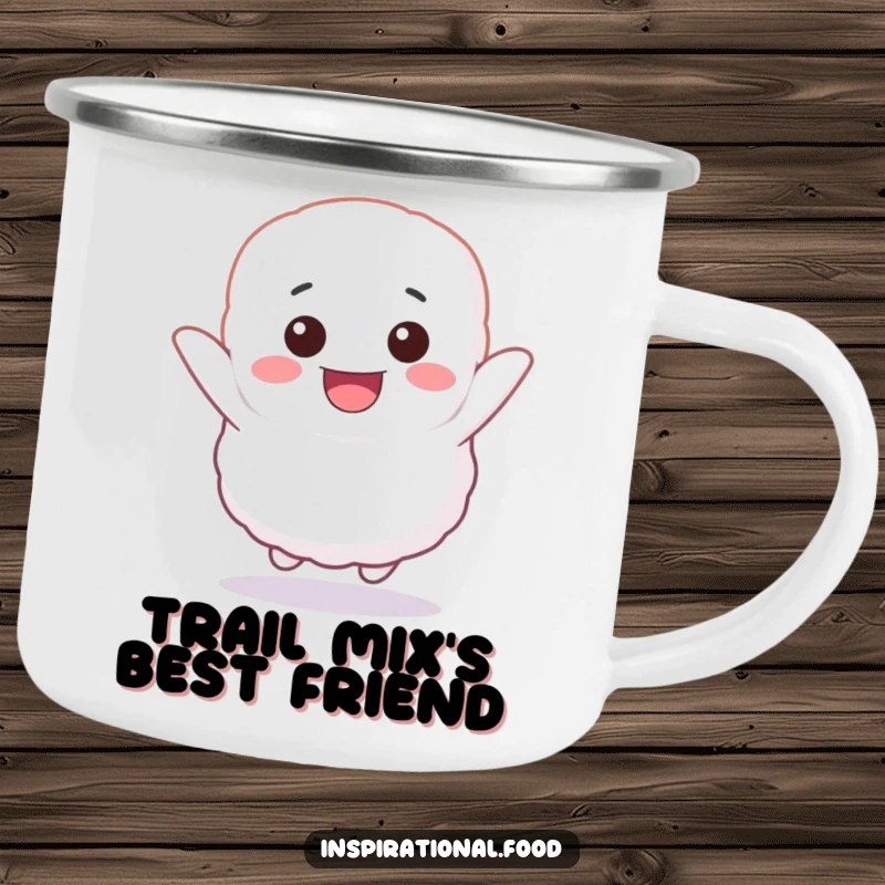 Funny camping mug with a fluffy marshmallow character bouncing with glee, perfect for outdoor drinks and cheerful moments.