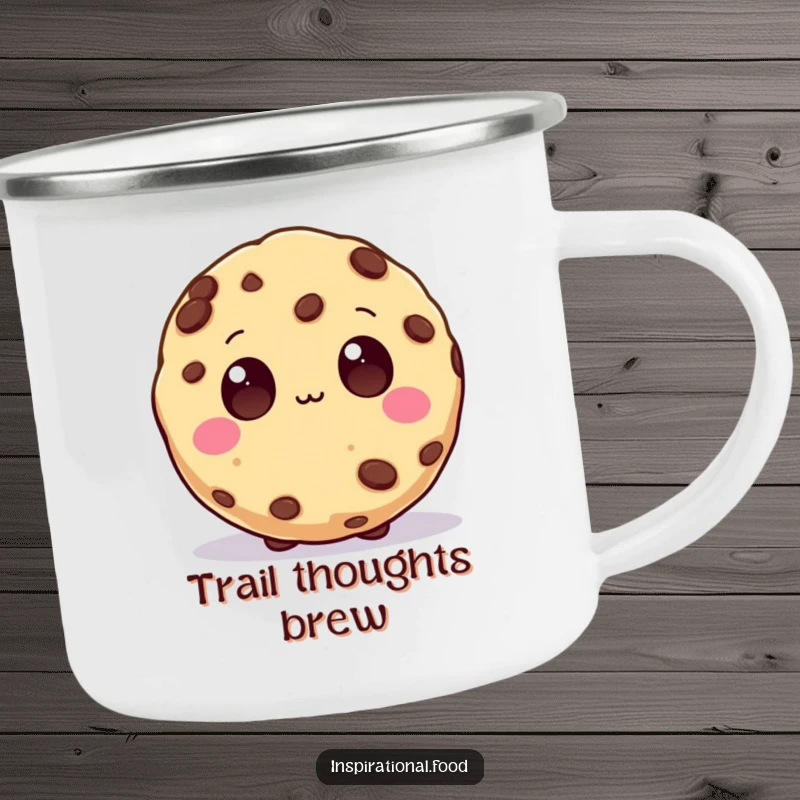 Funny Camping Mug featuring a beaming cookie character with wide chocolate chip eyes, ready to inspire great ideas even in the wild.