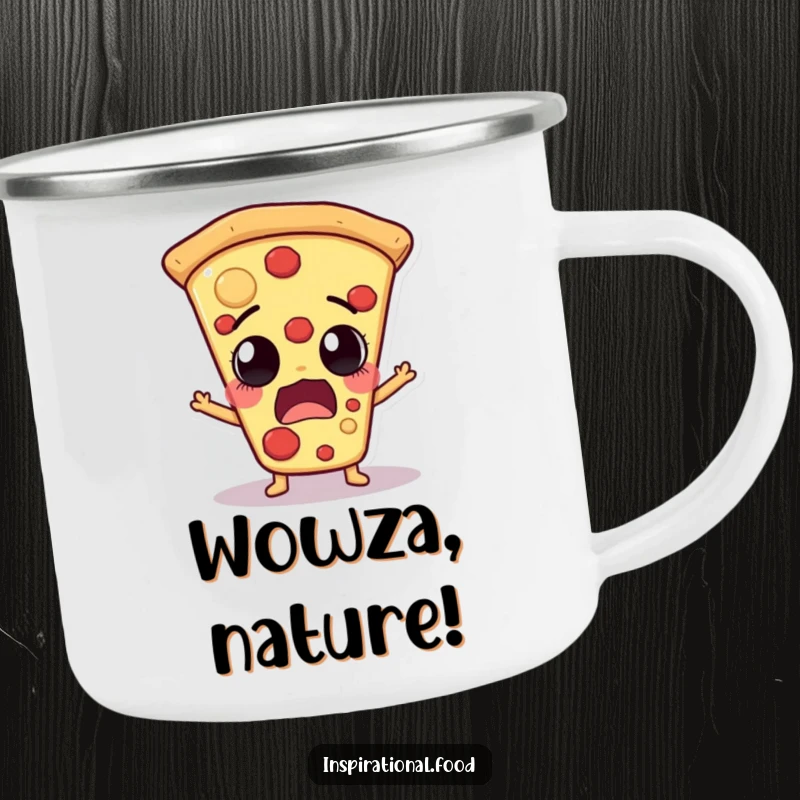 Funny pizza slice character with an astonished, gasping expression on a durable camping mug, perfect for beverages in nature.