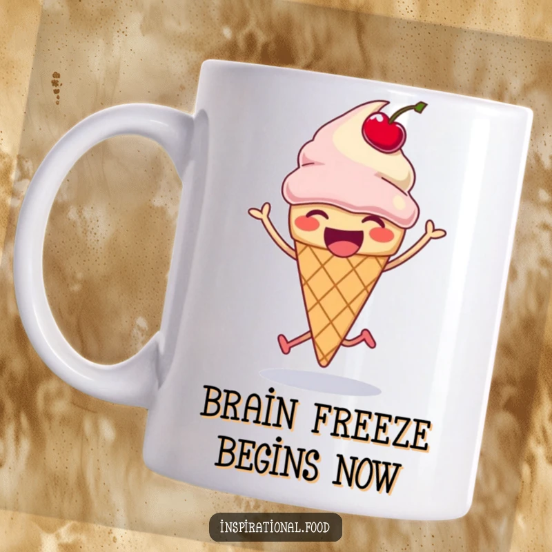 Funny ice cream cone mug with a cherry mid-bounce, doing a silly hop with pure joy and laughter, perfect funny gift.