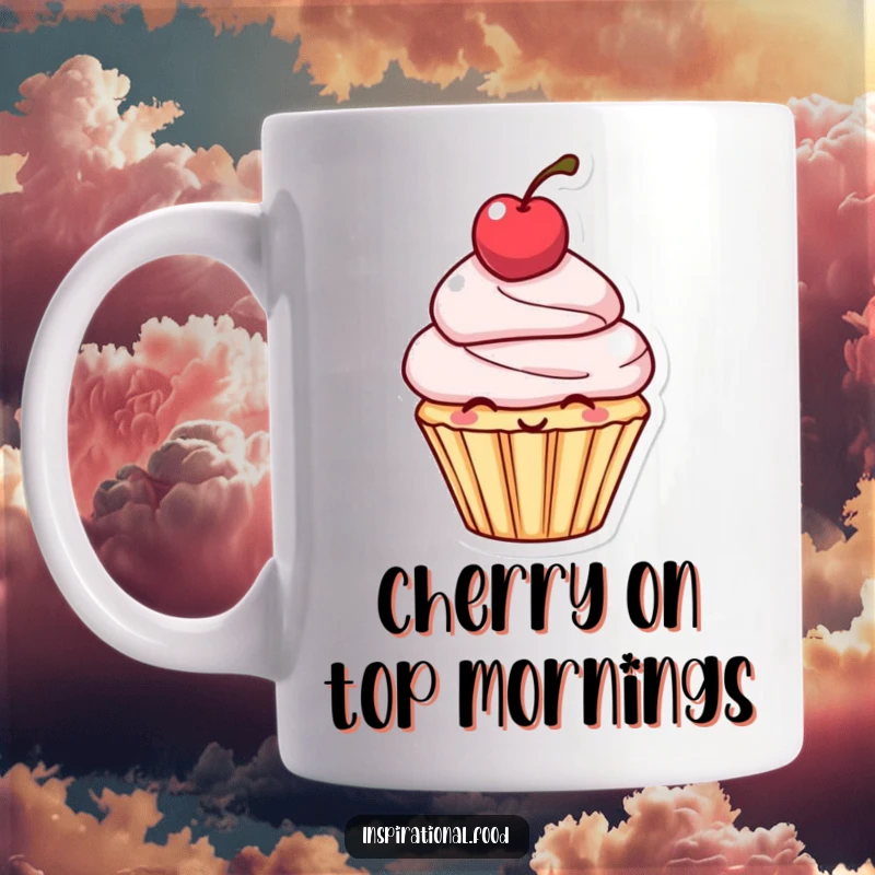 Funny Mug: A cute smiling cupcake character with a bright red cherry perfectly balanced on its head, looking delightful.