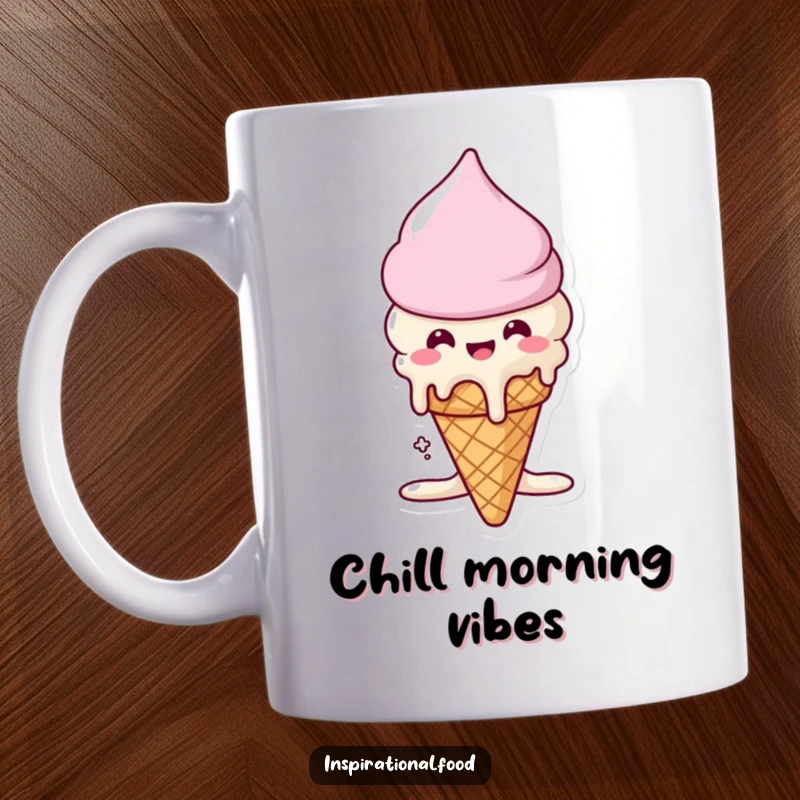 Funny mug with a beaming ice cream cone character blissfully melting into deliciousness, celebrating sweet indulgence.