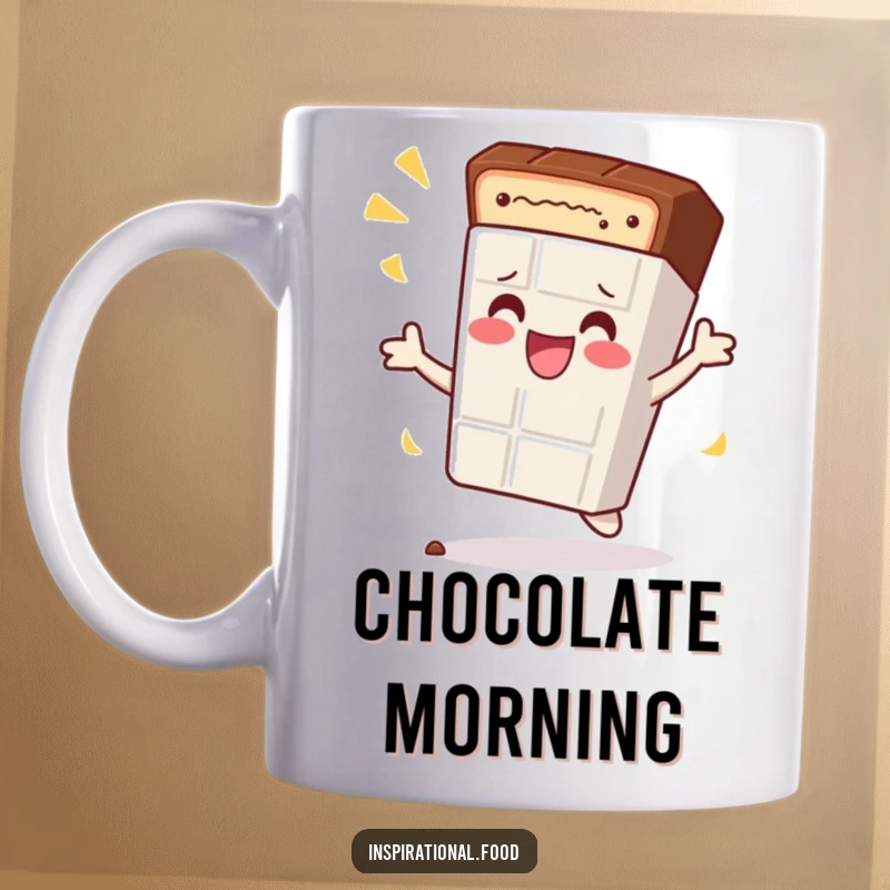 Funny mug featuring a content chocolate bar character joyfully doing a celebratory spin, spreading sweet, happy vibes.