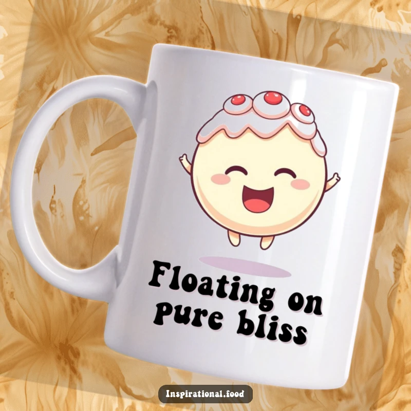 Funny mug featuring a round cake character levitating with a delighted expression, capturing a moment of sweet, magical joy.