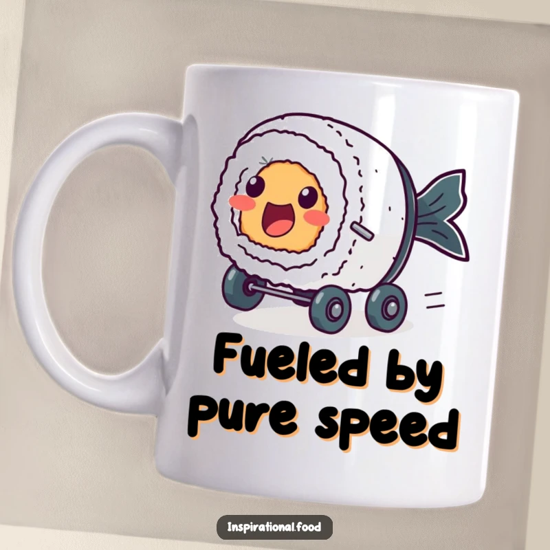 Funny mug with an excited sushi roll character with dot eyes zooming forward on tiny wheels.