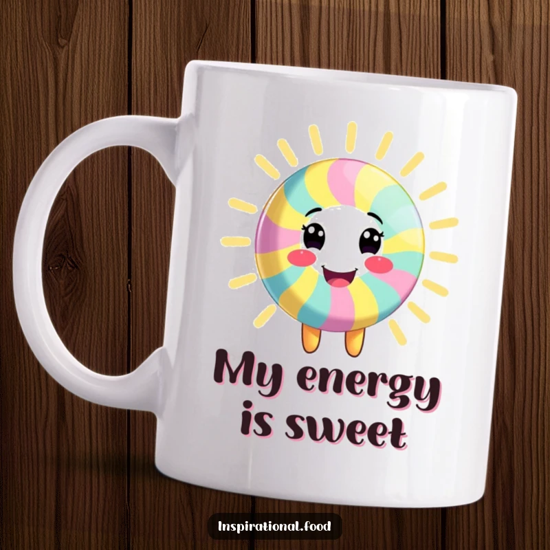 Funny mug with a smiling, energetic candy character radiating colorful vibes and positive energy, perfect for a cheerful morning gift.