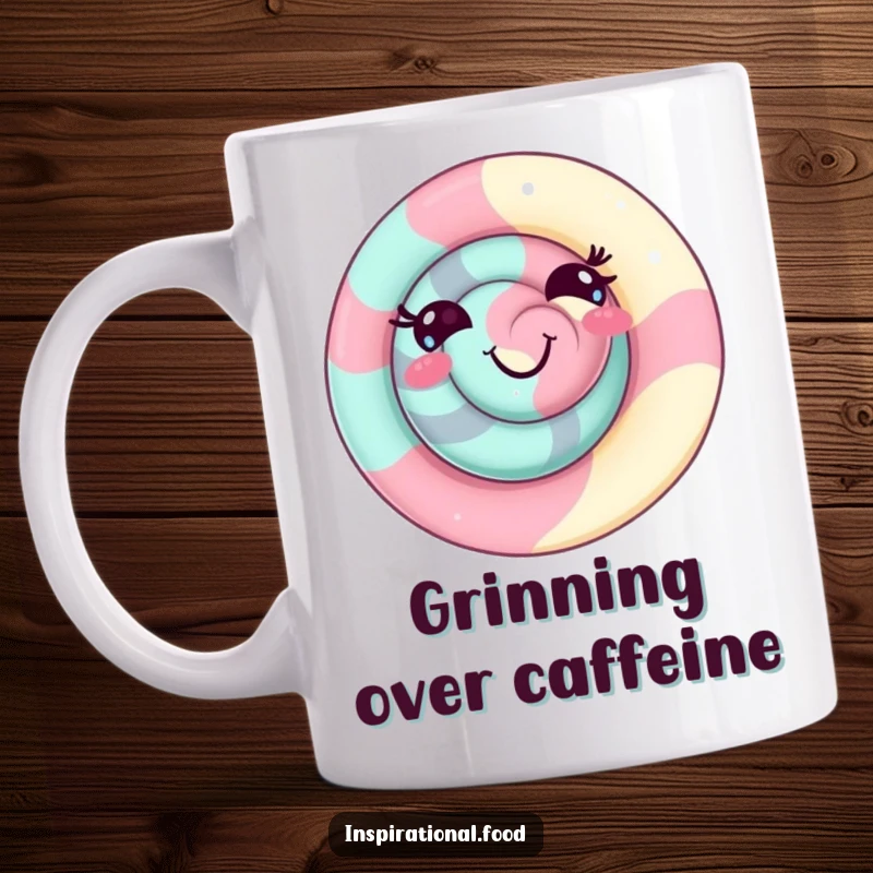 Funny candy swirl mug with a delighted, playful grin, perfect for a cheerful and humorous sweet treat gift.