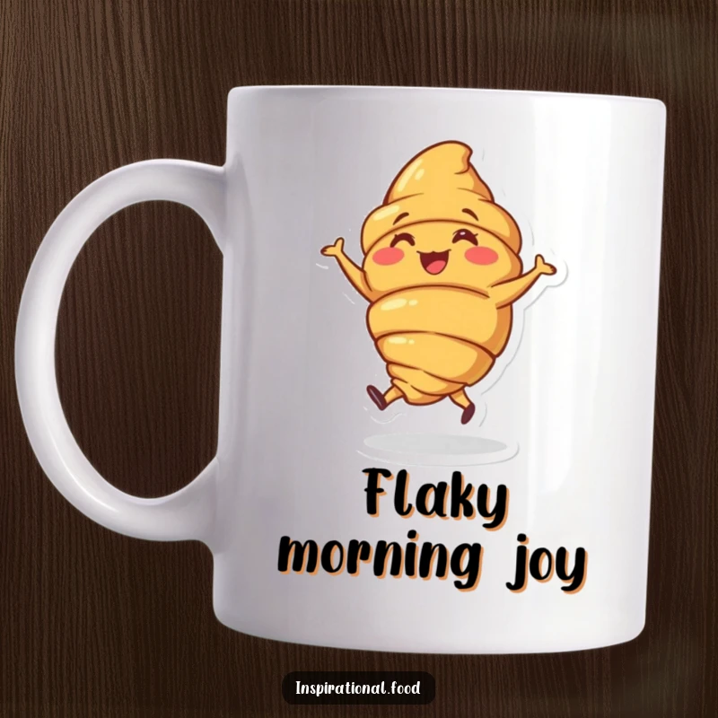 Funny mug with a joyous croissant character doing a little jig, celebrating breakfast and baked goods humor.