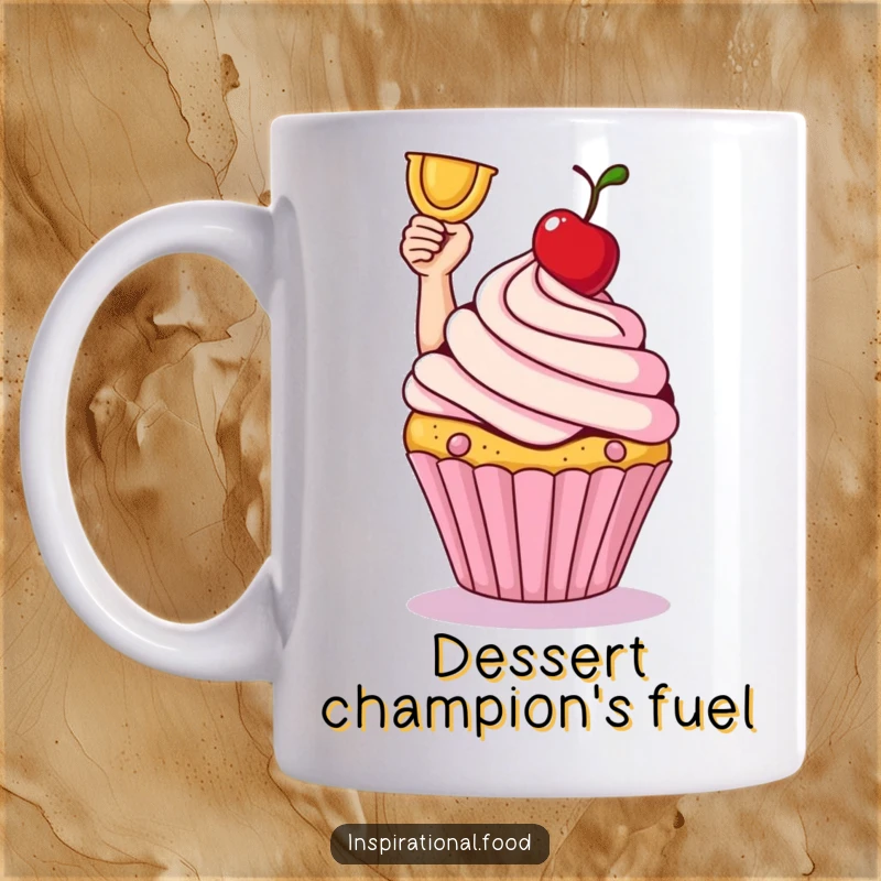 Smiling cupcake triumphantly holding a cherry aloft like a trophy on a fun mug. Sweet gift.