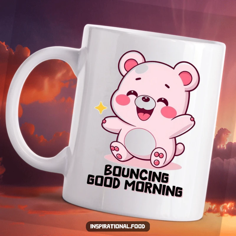 Funny mug depicting a grinning gummy bear mid-bounce, radiating energy and playful happiness, perfect for a fun-loving individual.