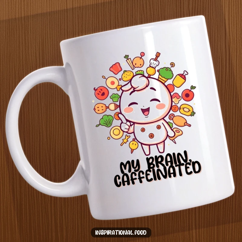 Funny mug with a winking character pointing to a vibrant starburst of creative food icons, celebrating culinary inspiration.