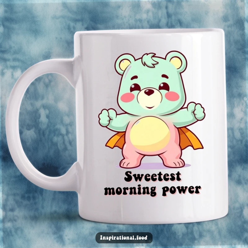 Funny mug with a delighted gummy bear character striking a heroic pose, embodying strength and sweet determination.