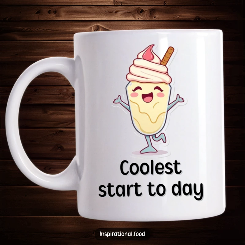 Funny ice cream sundae mug with a joyful character caught mid-dance move, dripping with happiness and ready to party.