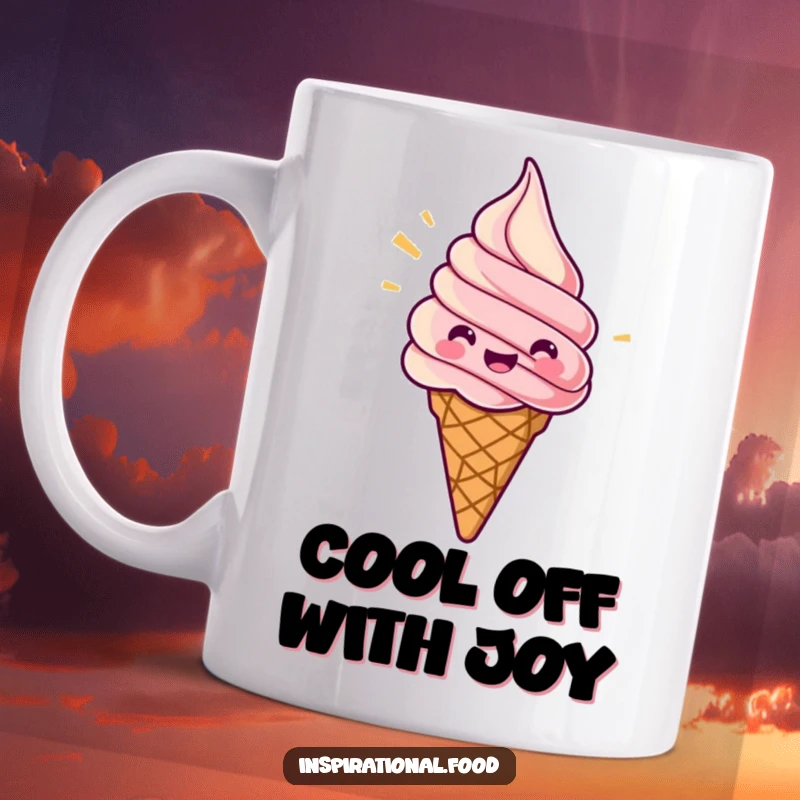 Funny mug featuring a jubilant ice cream cone with a swirl of excitement, perfect for adding fun to your day.