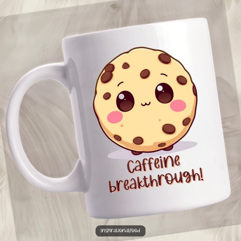 Funny Mug featuring a beaming cookie character with wide chocolate chip eyes, symbolizing great inspiration and creative thought.