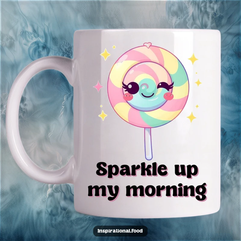 Funny lollipop mug featuring a vibrant character emanating sweet sparkles, adding a touch of playful magic to your drink.