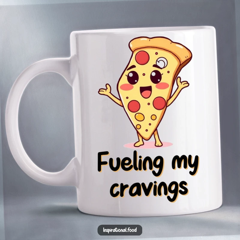 Funny mug featuring a proud pizza slice character proudly displaying an array of delicious toppings, celebrating pizza perfection.