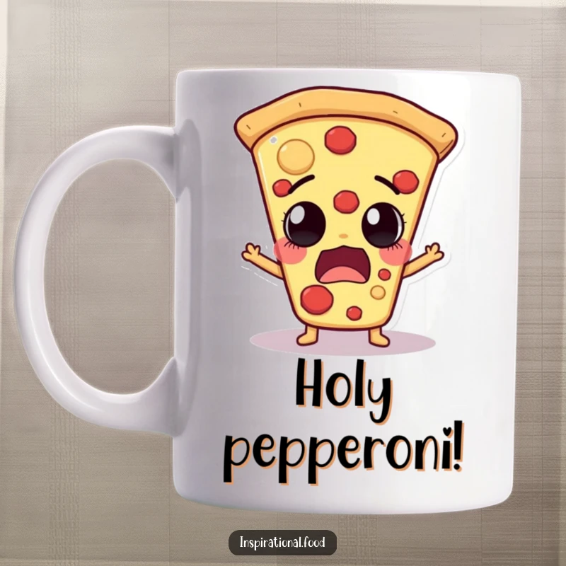Funny pizza slice character with an astonished expression, mouth wide open in surprise, on a ceramic mug, celebrating pizza love.